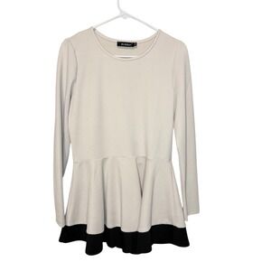 Elezun Womens Top XL Peplum Long Sleeve Round Neck Beige Black Casual
